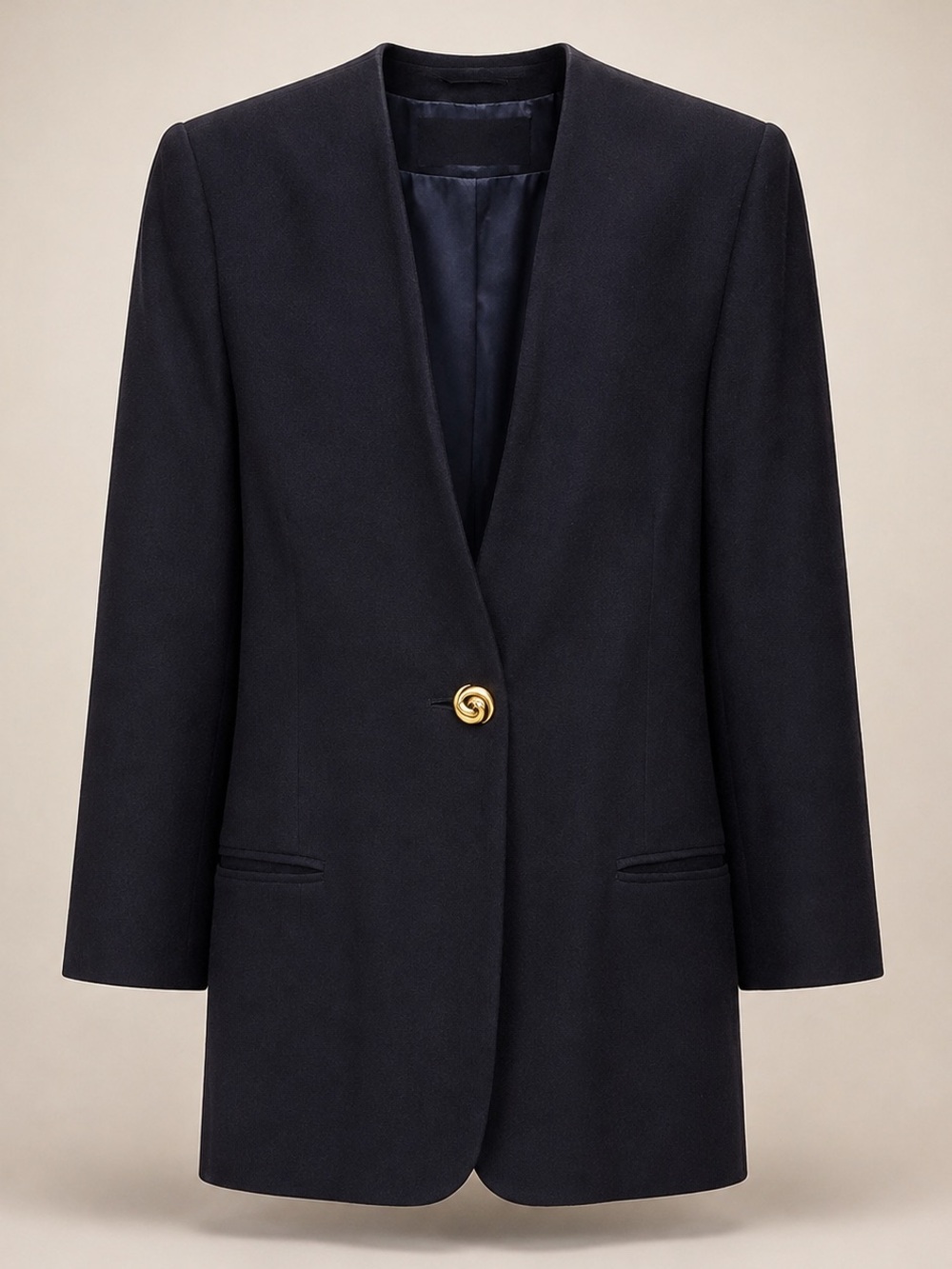 Long Navy Jaeger V-Neck Single-Button Blazer Jacket